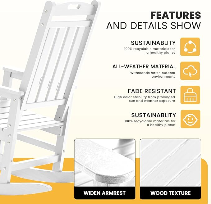 LOUNZY Outdoor Rocking Chair with Footboards Set of 6, HDPE Rocking Chair Patio Porch Rocker with 380lbs Support for Adult, White