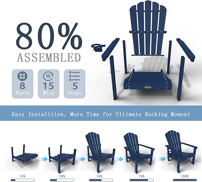 Stackable Adirondack Chair Set of 2, HDPE All-Weather Adirondack Chairs - Durable and Space Saving, Plastic Outdoor Fire Pit Chairs with Cup Holder,Navy Blue