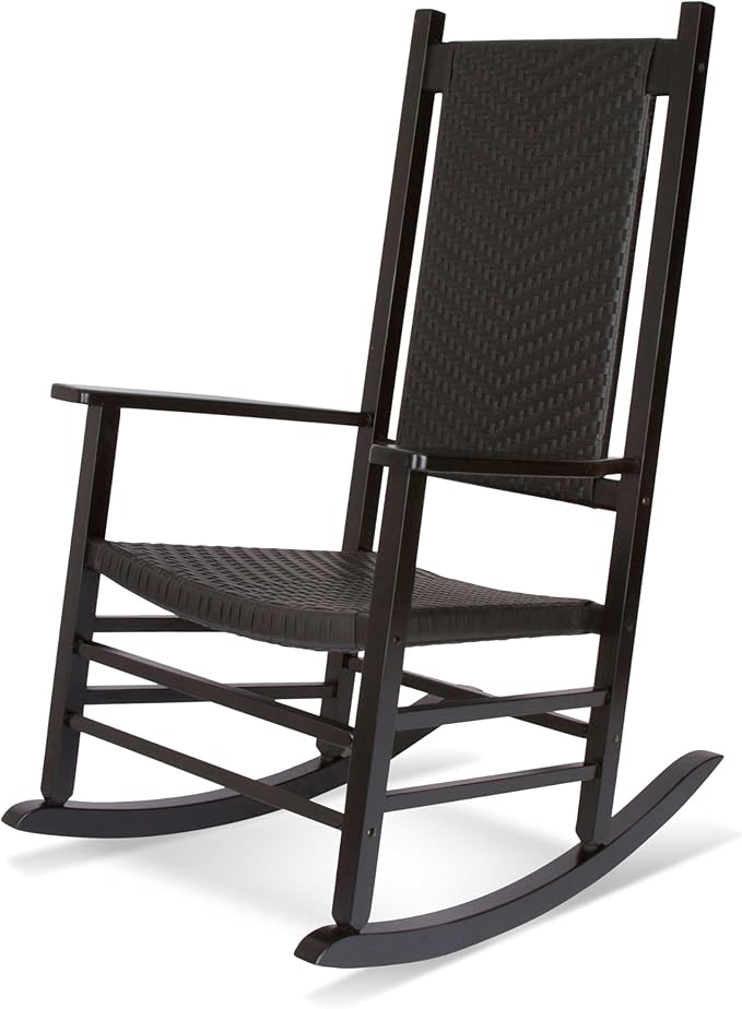 Shine Company Hampton Porch Rocker, High Back Wood Rocking Chair, Rattan Backrest & Seat, Black