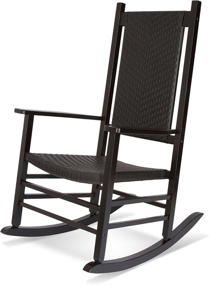 Shine Company Hampton Porch Rocker, High Back Wood Rocking Chair, Rattan Backrest & Seat, Black