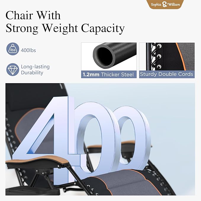 Sophia & William Oversized XXL Zero Gravity Chair Set of 2, Outdoor Recliner Folding Zero Gravity Lounge Chair Outdoor Gravity Chair with Free Cup Holder, Supports 400 LBS (Black)