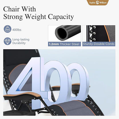 Sophia & William Oversized XXL Zero Gravity Chair Set of 2, Outdoor Recliner Folding Zero Gravity Lounge Chair Outdoor Gravity Chair with Free Cup Holder, Supports 400 LBS (Black)