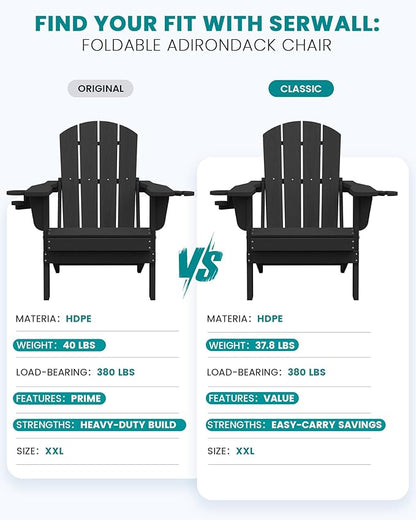 SERWALL Folding Adirondack Chair, Dual Cup Holders, Wood-Like Patio Chair for Backyard, Camping，Pool & Fire Pit- Black