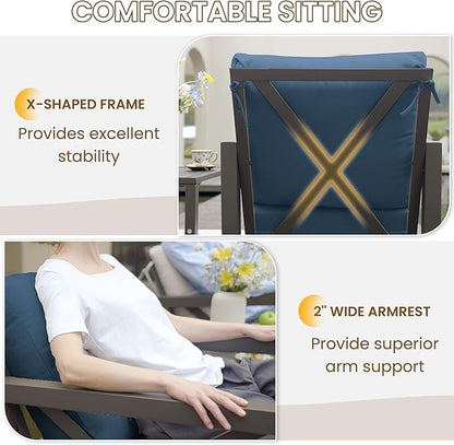 UDPATIO Rocking Chair Outdoor Set 2 with Coffee Table, 3 Piece Metal Rocking Bistro Set with 6.5" Water-Resistant Cushions, Oversized, 350lbs Heavy-Duty, for Porch, Patio, Balcony, Navy