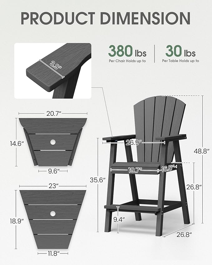 Tall Adirondack Chairs Set of 2, HDPE High Adirondack Chairs with Double Removable Trays, All Weather Outdoor Barstools for Patio, Balcony, Backyard, Deck and Garden, Darkgrey
