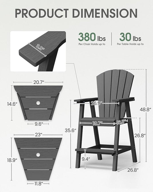 Tall Adirondack Chairs Set of 2, HDPE High Adirondack Chairs with Double Removable Trays, All Weather Outdoor Barstools for Patio, Balcony, Backyard, Deck and Garden, Darkgrey