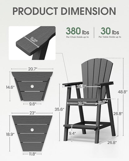 Tall Adirondack Chairs Set of 4, HDPE High Adirondack Chairs with Double Removable Trays, All Weather Outdoor Barstools for Patio, Balcony, Backyard, Deck and Garden, Darkgrey