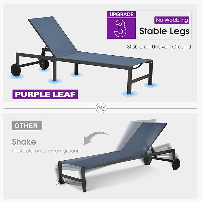 PURPLE LEAF Outdoor Chaise Lounge Chairs Set Recliner Adjustable Chair with Wheels and Table for Poolside Beach Patio Aluminum Reclining Sunbathing Lounger, Indigo