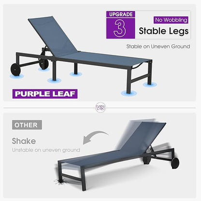 PURPLE LEAF Outdoor Chaise Lounge Chairs Set Recliner Adjustable Chair with Wheels and Table for Poolside Beach Patio Aluminum Reclining Sunbathing Lounger, Indigo