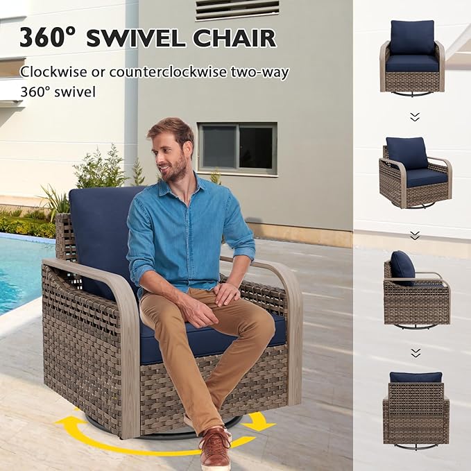 EAGLE PEAK Modern Wicker Outdoor Glider Rocking Chair, Swivel Rocker, Rattan Patio Furniture for Yard Deck Porch Garden, 4 Chairs, Brown/Blue