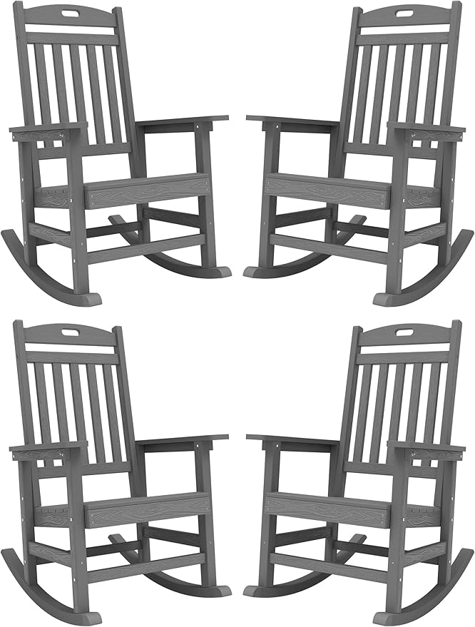YEFU Outdoor Rocking Chair, Patio Rocking Chair with High Back, Poly Rocking Chair Look Like Real Wood, Widely Used for Lawn, Porch, Backyard, Indoor and Garden,380lb Heavy Duty(Grey)