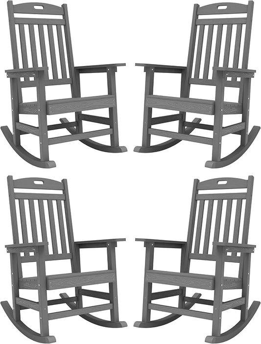 YEFU Outdoor Rocking Chair, Patio Rocking Chair with High Back, Poly Rocking Chair Look Like Real Wood, Widely Used for Lawn, Porch, Backyard, Indoor and Garden,380lb Heavy Duty(Grey)