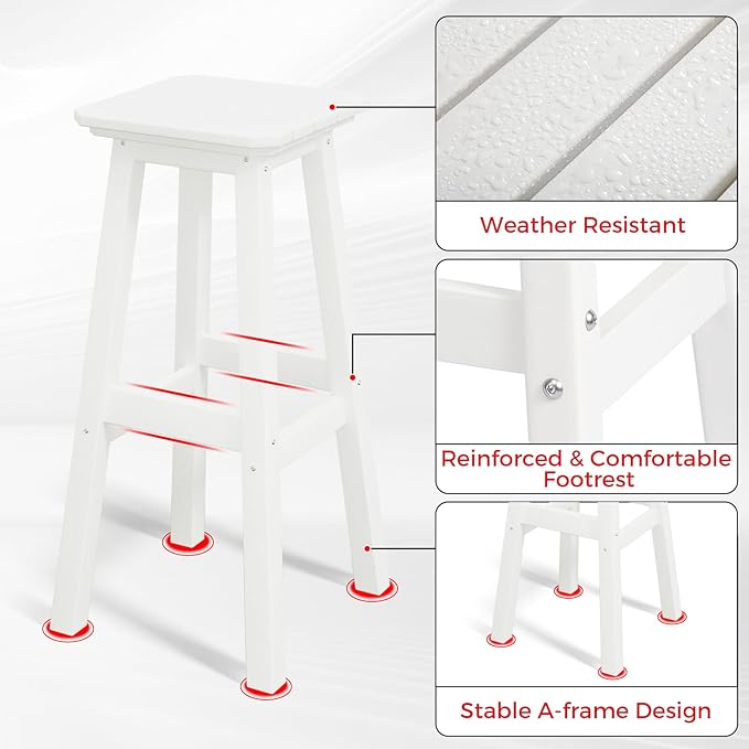 Costaelm 29" Height Outdoor Bar Stools, All-Weather Bar Stools, Adirondack Poly Patio Square Bar Stool for Patio, Deck, Kitchen Counter and Garden, White