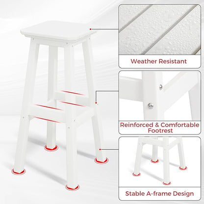 Costaelm 29" Height Outdoor Bar Stools, All-Weather Bar Stools, Adirondack Poly Patio Square Bar Stool for Patio, Deck, Kitchen Counter and Garden, White