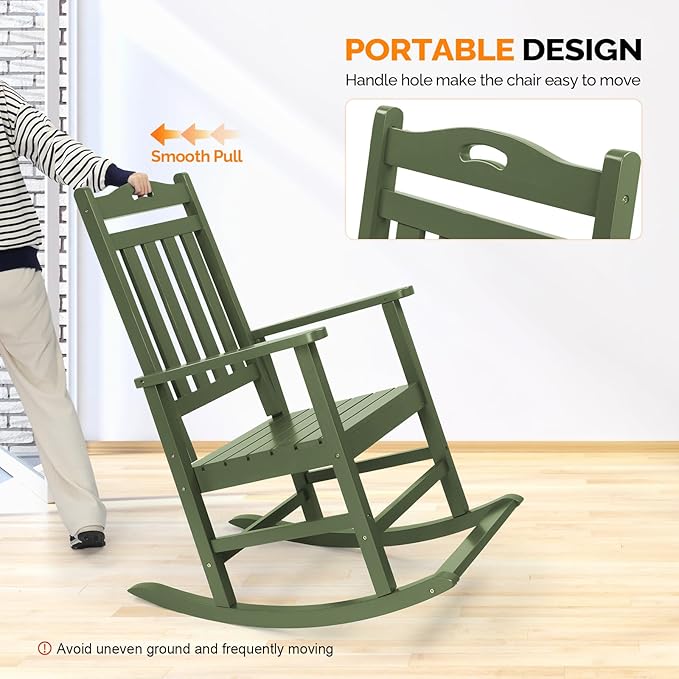 VINGLI Outdoor Rocking Chair with Footrest, Wooden Rocking Chair with 450 LBS Weight Capacity, Patio Rocker with Comfortable Backrest for Garden, Yard (Dark Green, 1PC)