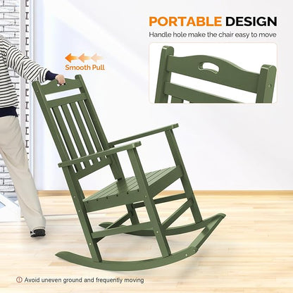 VINGLI Outdoor Rocking Chair with Footrest, Wooden Rocking Chair with 450 LBS Weight Capacity, Patio Rocker with Comfortable Backrest for Garden, Yard (Dark Green, 2PCS)