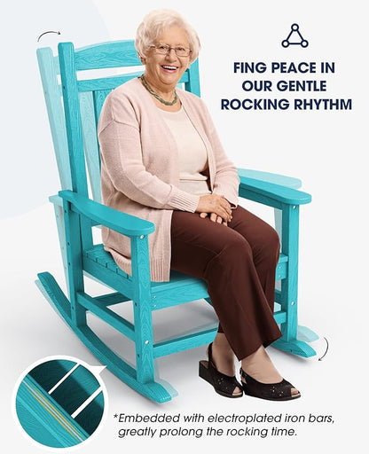 KINGYES Outdoor Rocking Chair Set of 2, HDPE Patio Rocking Chairs with 330lbs Support for Adults, Aruba Blue