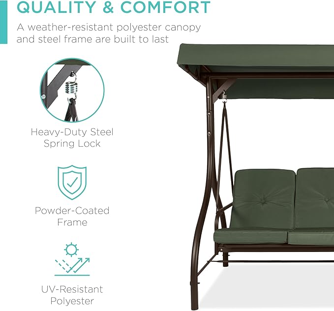 Best Choice Products 3-Seat Outdoor Large Converting Canopy Swing Glider, Patio Hammock Lounge Chair for Porch - Photo 3