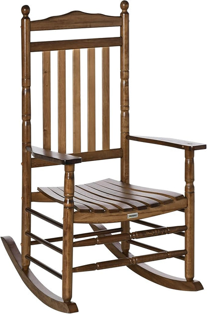 Outsunny Traditional Wooden High-Back Rocking Chair for Porch, Indoor/Outdoor, Brown