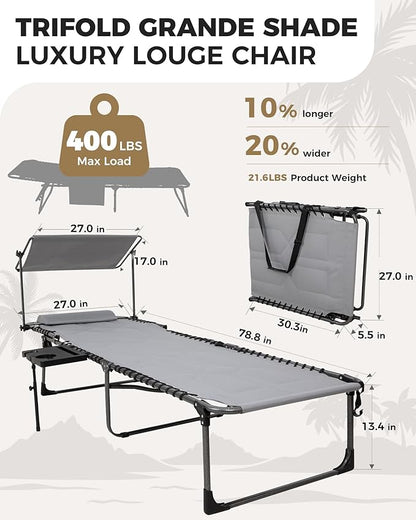 KingCamp Oversized Tanning Chair, Extra-Wide Padded Folding Chase Lounge Chairs Adjustable 5-Position 400lbs Heavy Duty Lounger with Double-Layer Oxford Canopy Shade for Outdoor Beach Patio Sun Pool