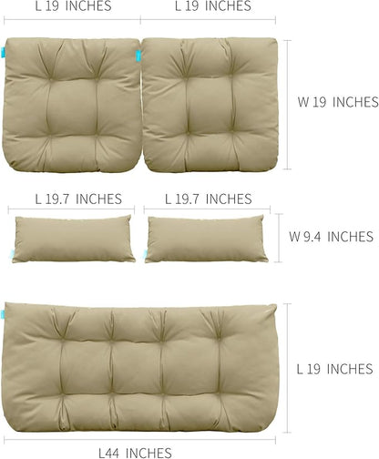 QILLOWAY Outdoor Patio Wicker Seat Cushions Group Loveseat/Two U-Shape/Two Lumbar Pillows for Patio Furniture,Wicker Loveseat,Bench,Porch,All Weather, Settee of 5 (Beige)
