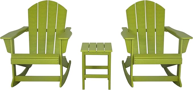 WO WESTIN OUTDOOR HDPE Laguna Outdoor Rocking Poly Adirondack Chair with Side Table 3-Piece Set, Lime