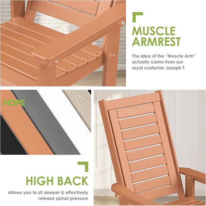 GREENVINES Outdoor Rocking Chair Set | 3-Piece | 2 Rocking Chairs with 1 Side Table | Porch Rocker | HDPE Plastic | Teak | Patio Furniture Sets | High Back | Big & Tall | Ladder Back