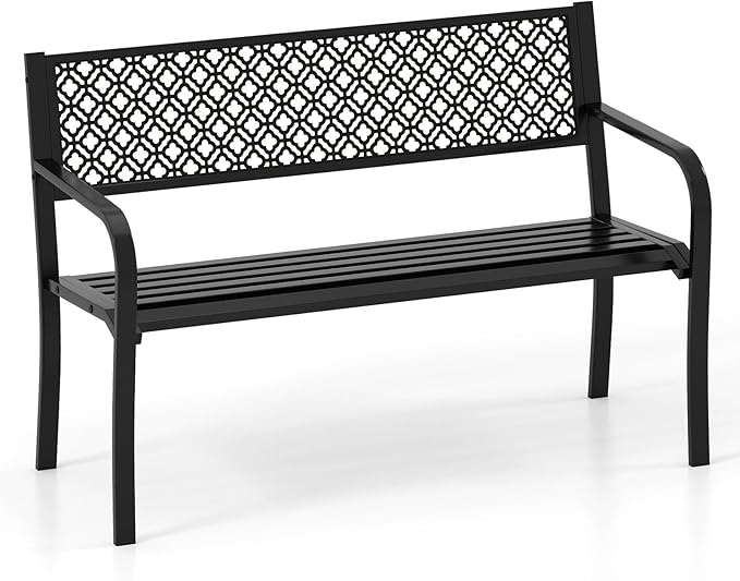 Tangkula 50 Inches Outdoor Garden Bench, Metal Patio Park Bench with Geometric Lattice Backrest, Armrests and Slatted Seat, Outdoor Loveseat Chair for Porch, Lawn and Yard (Black)