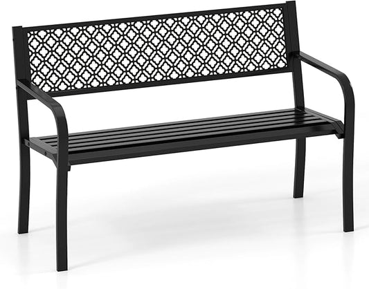 Tangkula 50 Inches Outdoor Garden Bench, Metal Patio Park Bench with Geometric Lattice Backrest, Armrests and Slatted Seat, Outdoor Loveseat Chair for Porch, Lawn and Yard (Black)