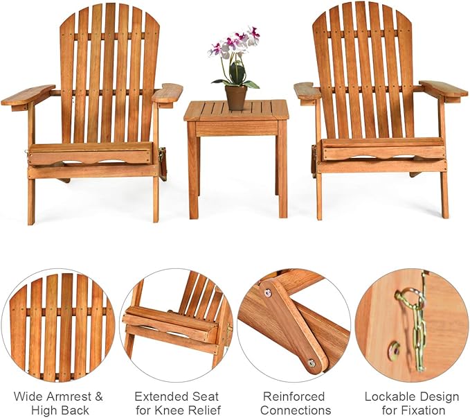 Giantex Adirondack Chair Set 3-Piece Foldable Wooden Chairs Set W/Widened Armrest, Eucalyptus Frame and Side Table Outdoor & Indoor Table Set for Patio Poolside Garden, Set of 3 Wooden Lounger Chair