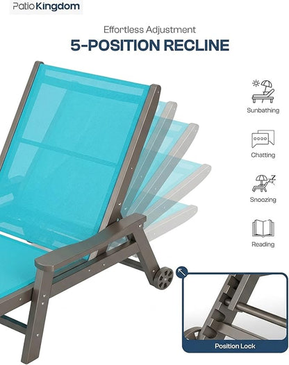 Patio Chaise Lounge Chair with Wheels & Cup Holder, HDPE Textilene Outdoor Lounge Chair 5 Positions Adjustable for Poolside Deck Patio Backyard (4, Grey Frame, Lake Blue Textilene)