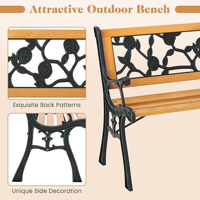 Giantex 49.5" 3-Person Outdoor Bench with Floral Pattern Backrest, Slatted Seat, 470 Lbs Weight Capacity, Curved Armrests, Cast Iron Metal Bench for Park, Outside, Patio, Porch, Yard, Garden