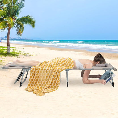 GYMAX Tanning Chair, 330LBS Beach Lounge Chair with Face Arm Hole & Hand Shoulder Strap, Folding Layout Sunbathing Chair, Face Down Outdoor Chaise Lounger for Patio, Poolside, Lawn, Backyard (2, Sand)
