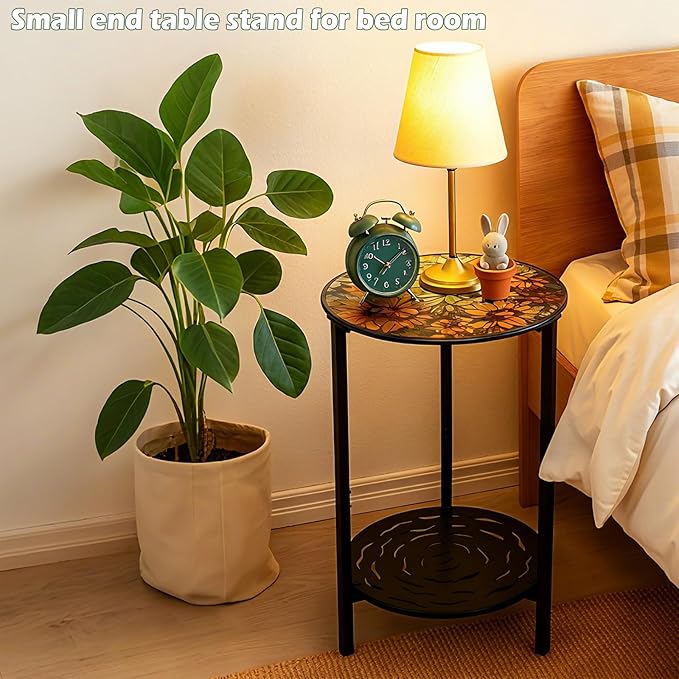 2-Tier Metal Round Side Table Black Accent Coffee Tables Small Space Corner Plant Stand Shelf for Indoor Outdoor Use Patio Balcony End Table Flower Print Weather-Resistant