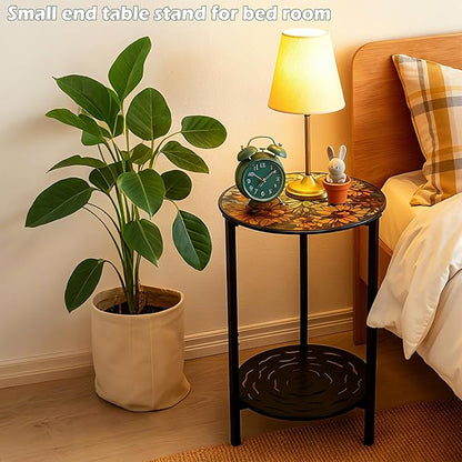 2-Tier Metal Round Side Table Black Accent Coffee Tables Small Space Corner Plant Stand Shelf for Indoor Outdoor Use Patio Balcony End Table Flower Print Weather-Resistant