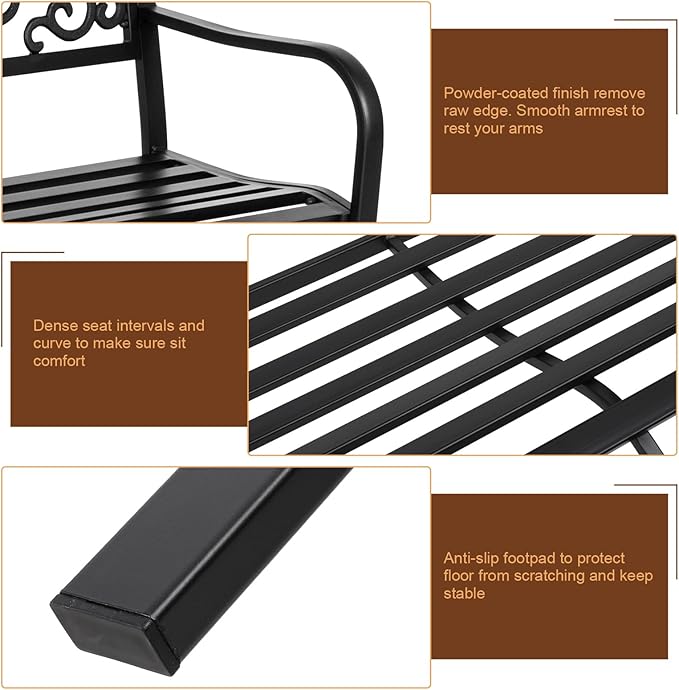 50 Inches Outdoor Garden Bench Cast Iron Metal Frame Furniture with Floral Design Backrest for Porch Yard Lawn Deck, Black