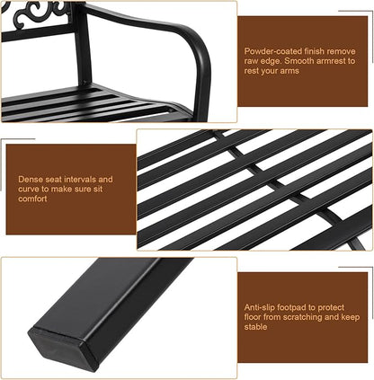 50 Inches Outdoor Garden Bench Cast Iron Metal Frame Furniture with Floral Design Backrest for Porch Yard Lawn Deck, Black