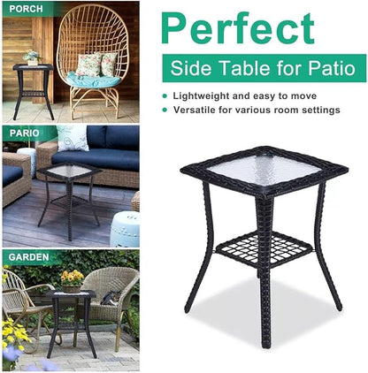 Patio Wicker Side Table, Outdoor PE Rattan End Table with Tempered Glass Top and 2-Tier Storage Shelf, Square Coffee Table for Deck Porch Garden Backyard- Black