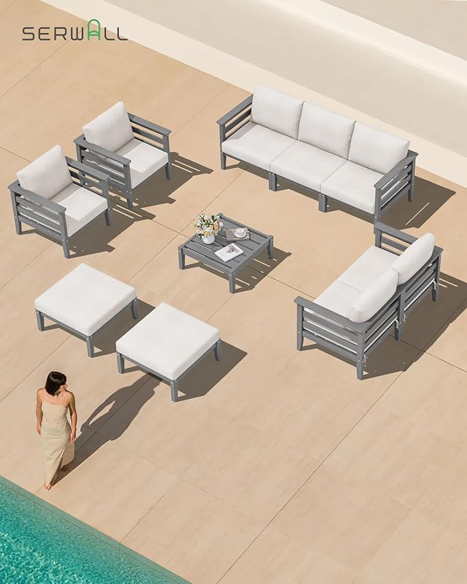 SERWALL HDPE Patio Furniture Set, 10 Pieces Outdoor Sectional Sofa Set, All-Weather Wood-Like Outdoor Sofa Couch with Coffee Table for Deck, Lawn, Grey Frame with Khaki Cushion