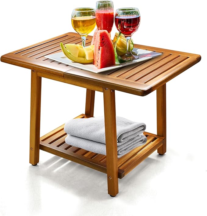 ENKEZI Acacia 24 Inches Outdoor Side Table, 2-Tier Sturdy Patio, End Table Weather Resistant, Strong Stability Side Table for Patio, Pool, Porch, Teak Finish (Large)
