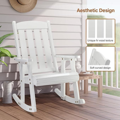 VINGLI Outdoor Rocking Chair, Heavy Duty 600 LBS Wooden Rocking Bench with Comfortable Backrest, Weatherproof Patio Rocker with Ergonomic Design, Wood Rocking Chair for Patio, Garden (White, 1PC)