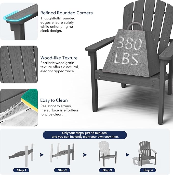 nevilywood Compact Stackable Adirondack Chairs, 26.3" Wide HDPE Outdoor Patio Chairs - Durable, Space-Saving Design for Porch, Lawn or Garden, Grey