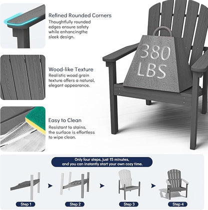 nevilywood Compact Stackable Adirondack Chairs, 26.3" Wide HDPE Outdoor Patio Chairs - Durable, Space-Saving Design for Porch, Lawn or Garden, Grey