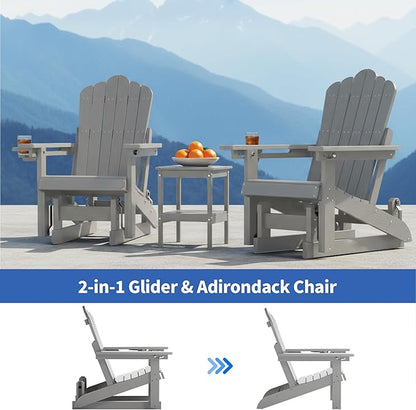 HDPE Outdoor Glider Chair,3-Position Adjustable Backrest Patio Glider, All-Weather Glider Rocker Chair with Cup Holders,Porch Glider for Outside,Deck,Fire Pit, Poolside,400LBS Capacity (Grey)