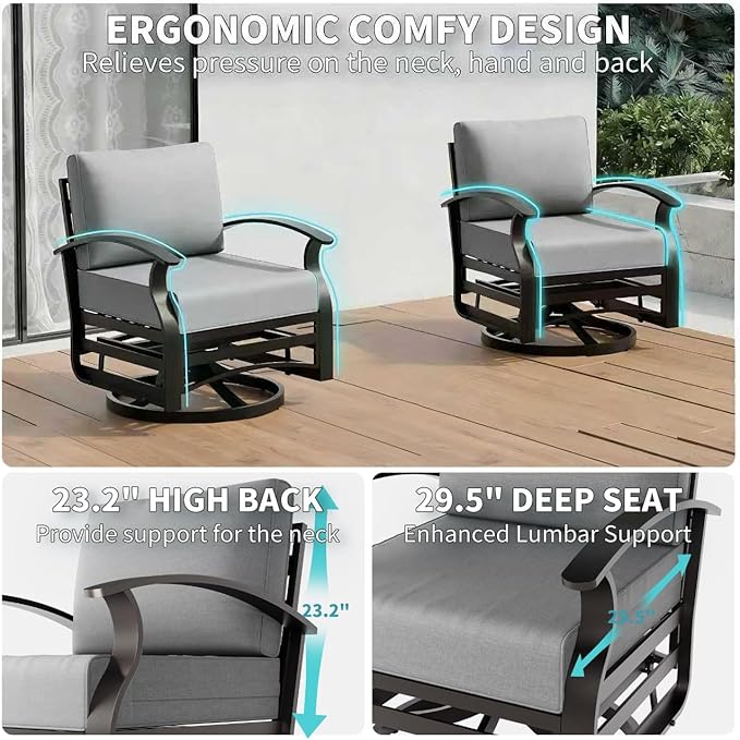 Gotland 2 Piece Patio Set, Metal Outdoor Swivel Chairs Set of 2 with 5.1’’ High-Resilience Seat Cushions 6.2’’ Back Pillow Removable Cushions for Backyard, Lawn, Porch, Grey