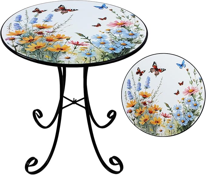 Outdoor Side Table, Flower & Butterfly Round Accent Table, Metal Indoor Small End Tables - Photo 1