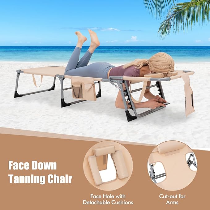 Goplus Tanning Chair, Folding Adjustable Patio Lounge Chair with Face Hole, Removable Pillow, 330LBS, Carry Strap, Outdoor Sunbathing Chair, Lightweight Portable Beach Lounge Chair, No Assembly