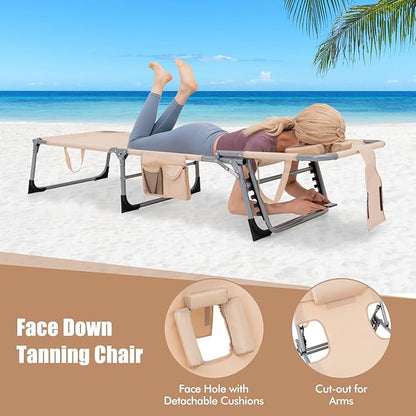 Goplus Tanning Chair, Folding Adjustable Patio Lounge Chair with Face Hole, Removable Pillow, 330LBS, Carry Strap, Outdoor Sunbathing Chair, Lightweight Portable Beach Lounge Chair, No Assembly