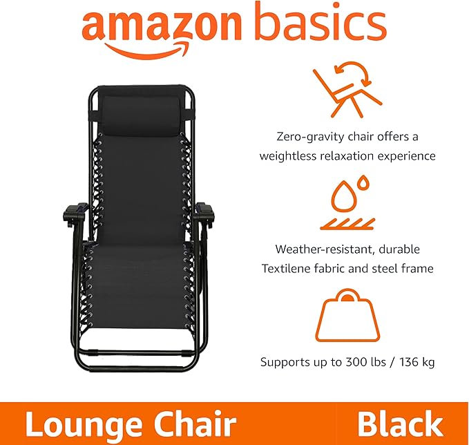Amazon Basics Outdoor Patio Zero Gravity Portable Folding Reclining Lounge Chair with Padded Headrest Pillow - Photo 4