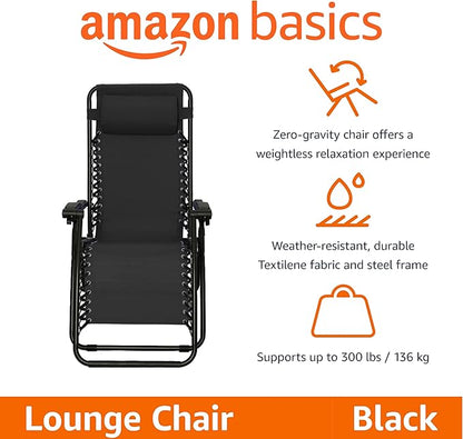 Amazon Basics Outdoor Patio Zero Gravity Portable Folding Reclining Lounge Chair with Padded Headrest Pillow, Weather Resistant Textilene, 26", Black